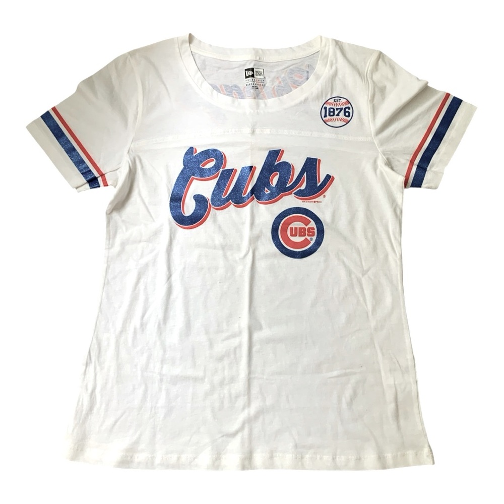 NEW ERA Chicago Cubs Sparkly Glitter White Official T-Shirt Women Size Large NEW